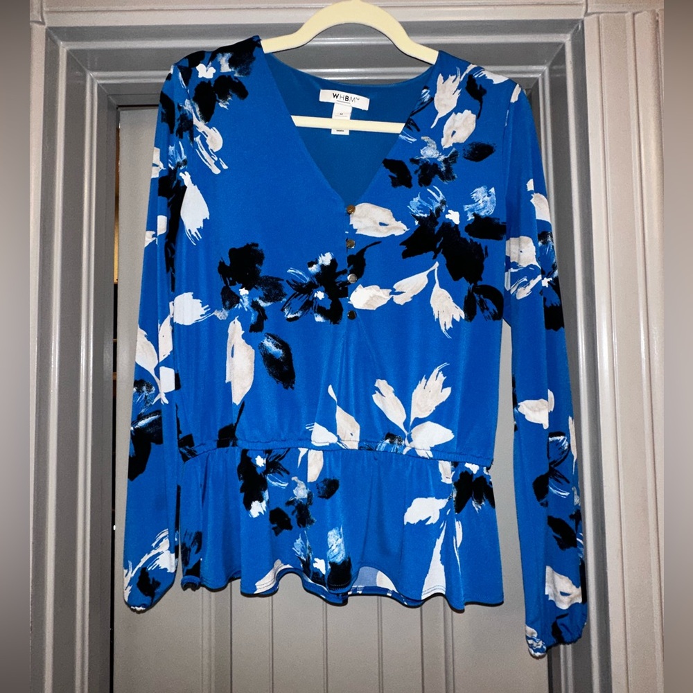 White House Black Market Royal Blue Black & White Floral V-Neck Peplum Top
